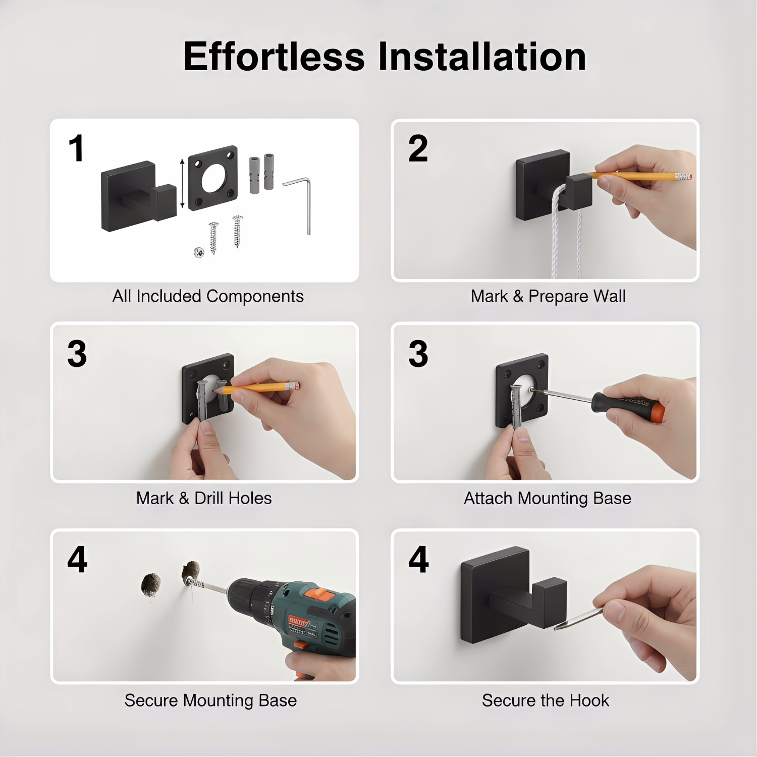 Paradigms Interiors 8 Pack Square Matte Black Towel Hooks Heavy Duty Stainless Steel Wall Mount Hook Hanger For Robe Bath Towel Coat Bathroom Kitchen Closet - Image 4