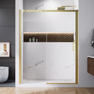 WELLFOR Sliding Shower Door Brushed Gold 56-in to 60-in W x 74-in H Framed Clear Glass Sliding Sliding Shower door