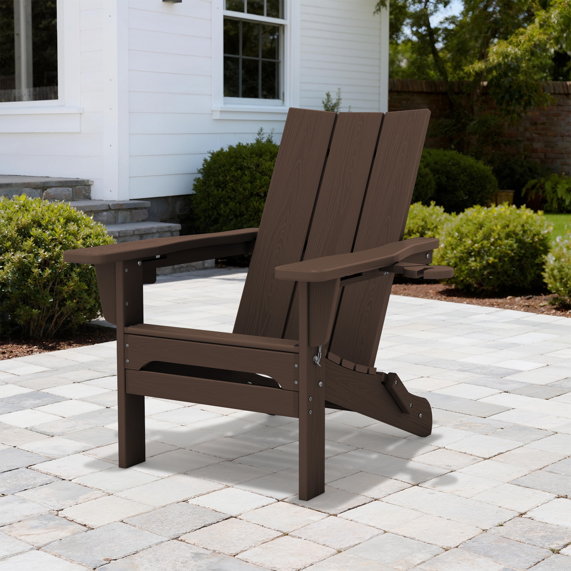 VOUA Folding Adirondack Chair with Dual Cup Holders Coffee HDPE Frame Stationary Adirondack Chair with Slat Seat - Image 8