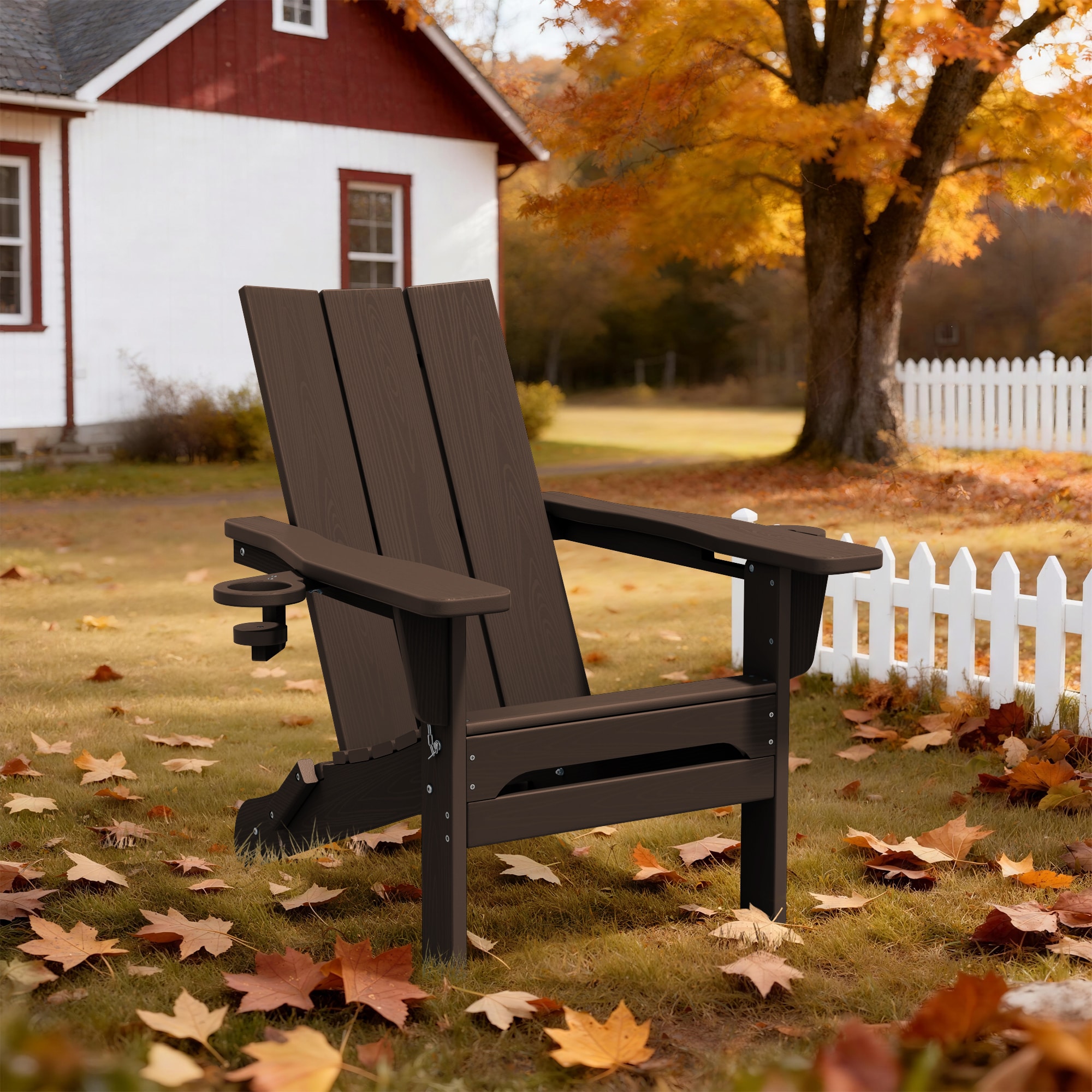 VOUA Folding Adirondack Chair with Dual Cup Holders Coffee HDPE Frame Stationary Adirondack Chair with Slat Seat - Image 9