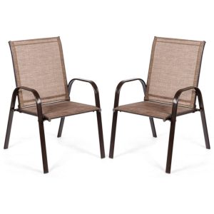 Clihome with Armrest Set of 2 Brown Steel Frame Stationary Dining Chair with Brown Sling Seat