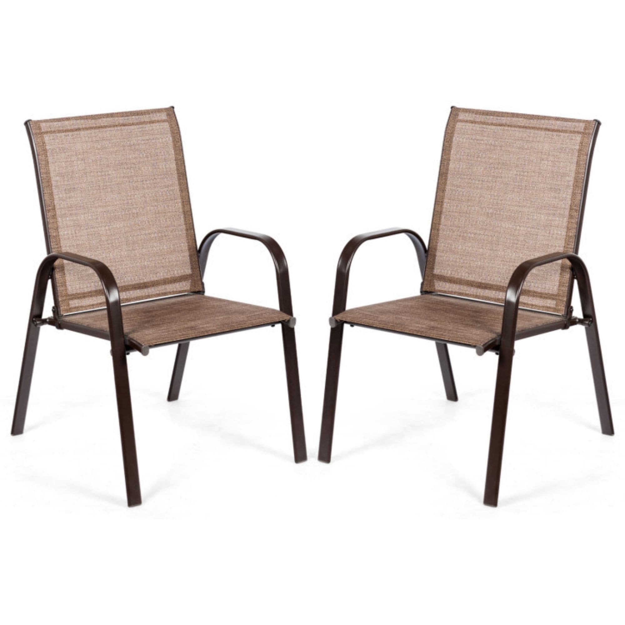 Clihome with Armrest Set of 2 Brown Steel Frame Stationary Dining Chair with Brown Sling Seat