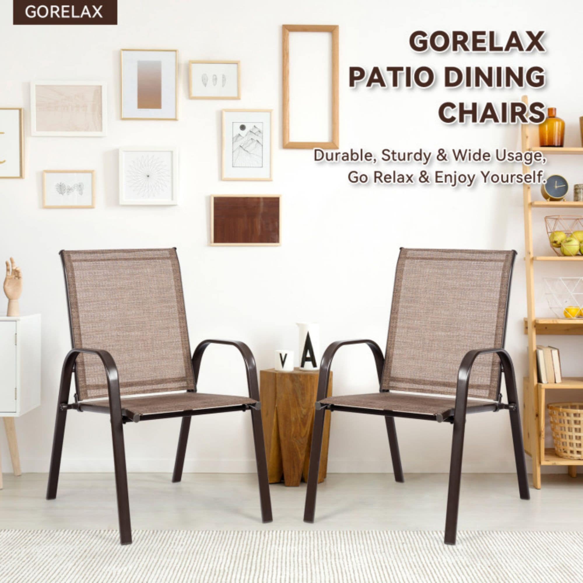 Clihome with Armrest Set of 2 Brown Steel Frame Stationary Dining Chair with Brown Sling Seat - Image 3