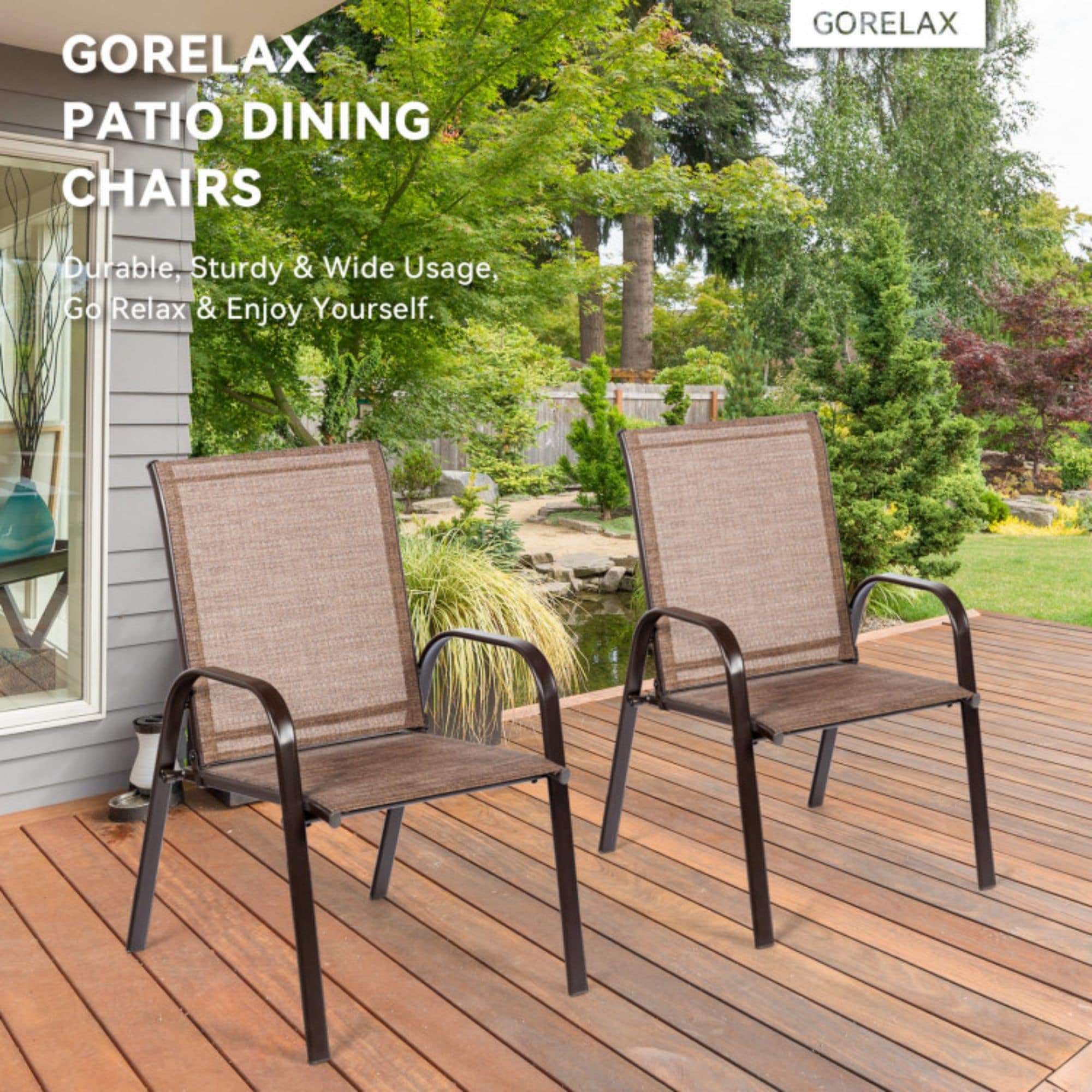 Clihome with Armrest Set of 2 Brown Steel Frame Stationary Dining Chair with Brown Sling Seat - Image 2