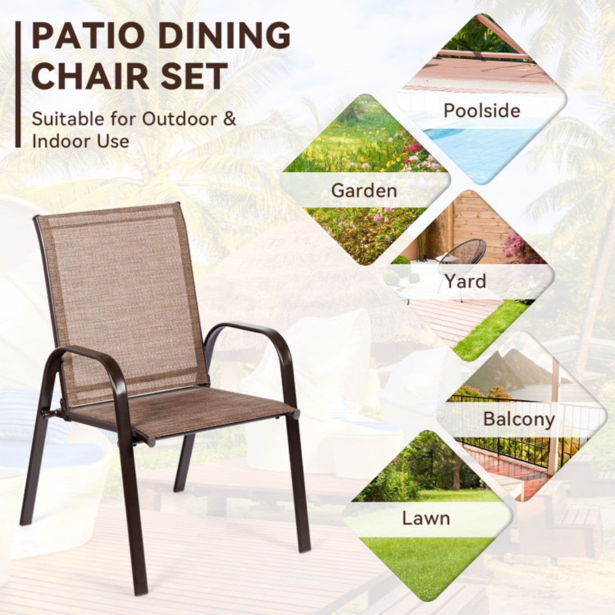 Clihome with Armrest Set of 2 Brown Steel Frame Stationary Dining Chair with Brown Sling Seat - Image 5