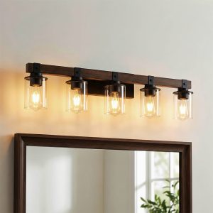 Basdien 35-in 5 Light Rustic Industrial Vanity Light Farmhouse Wall Sconce with Walnut Wood Accent Clear Glass Shades Black Iron Finish Max 60W Bulb Bulbs Not Included Hardwired Mount for Bathroom