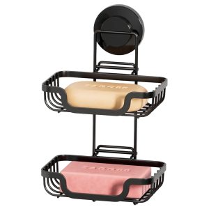 Wudkey Double Layer Rustproof Stainless Steel Soap Holder Drill-Free Bar Soap Dish Tray Suction Cup Draining for Wall in Black