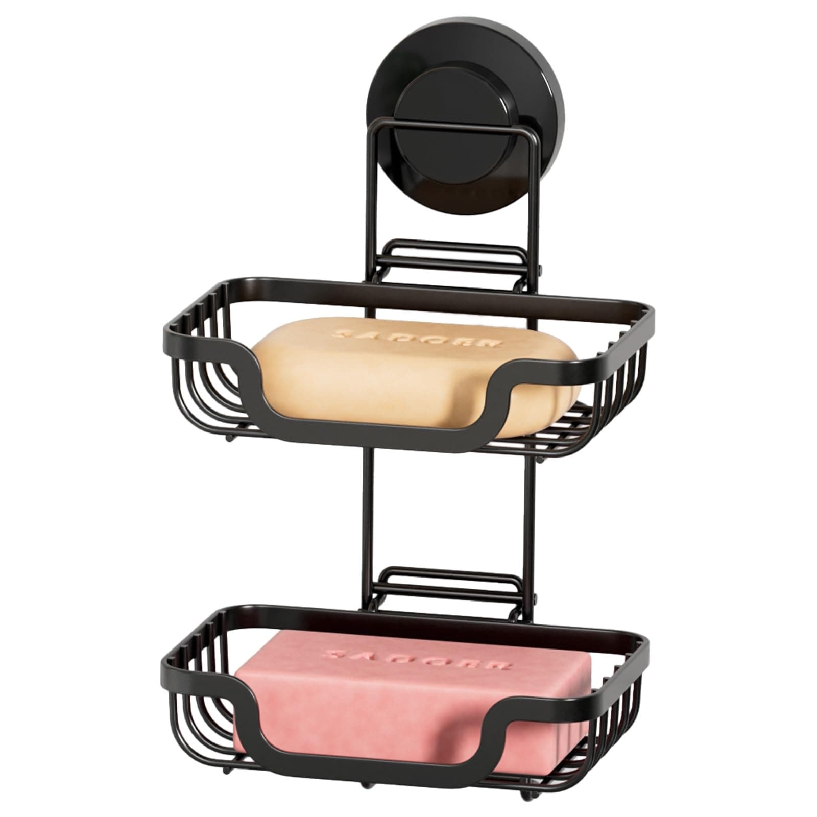 Wudkey Double Layer Rustproof Stainless Steel Soap Holder Drill-Free Bar Soap Dish Tray Suction Cup Draining for Wall in Black