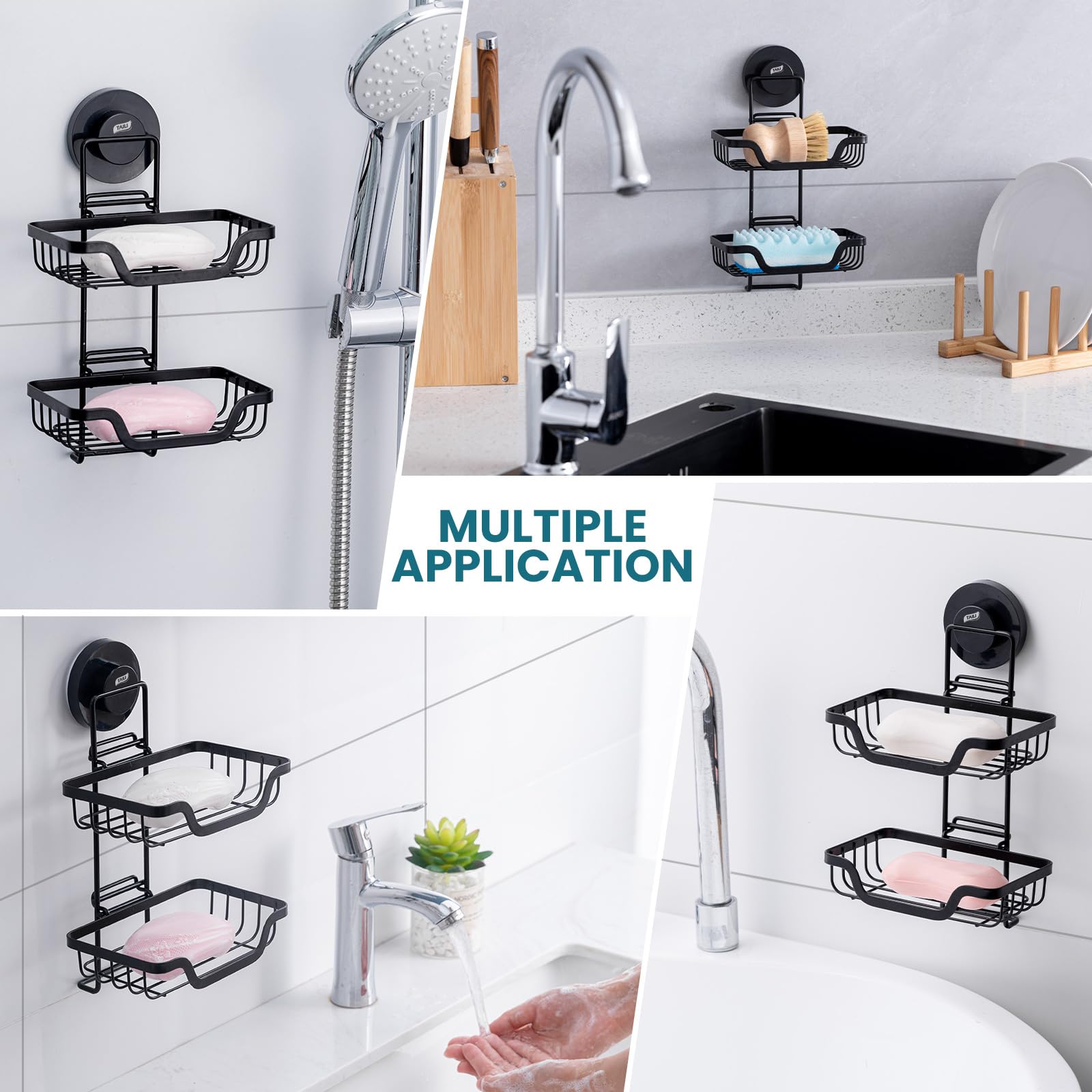 Wudkey Double Layer Rustproof Stainless Steel Soap Holder Drill-Free Bar Soap Dish Tray Suction Cup Draining for Wall in Black - Image 3