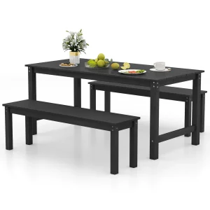 Tangkula 3 Pieces Outdoor HDPE Dining Table Set with 2 Benches