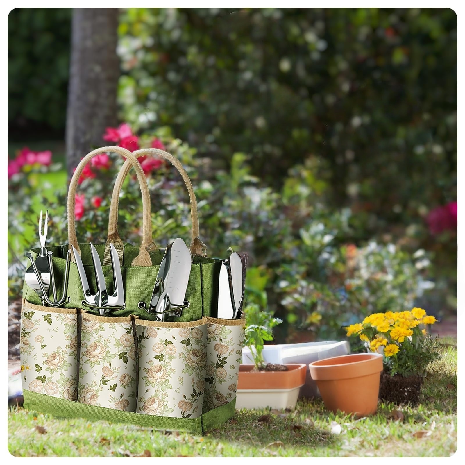 Wudkey 9-Piece Green Garden Tool Set with Heavy-Duty Rust-Proof Tools and Fashion Storage Tote Bag for Home Gardening - Image 3