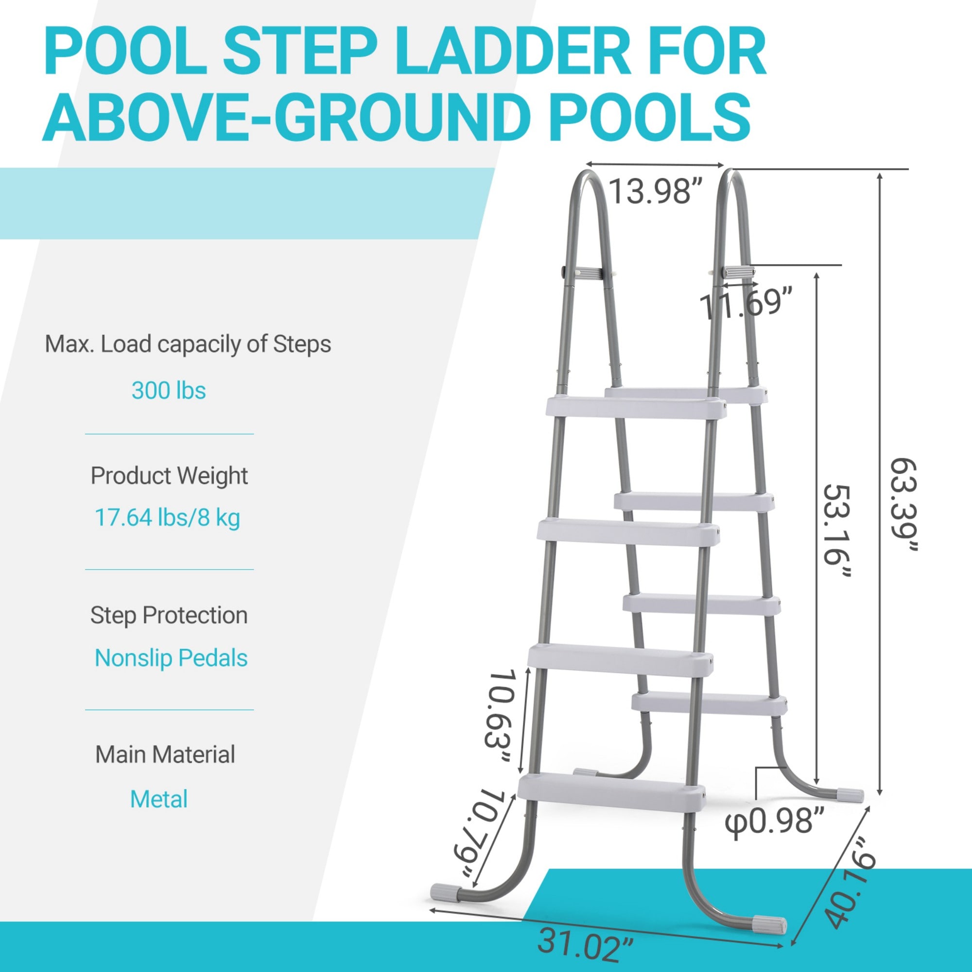 Wudkey 4 Step 52in Pool Ladder Iron Grey Frame White Steps - Image 2