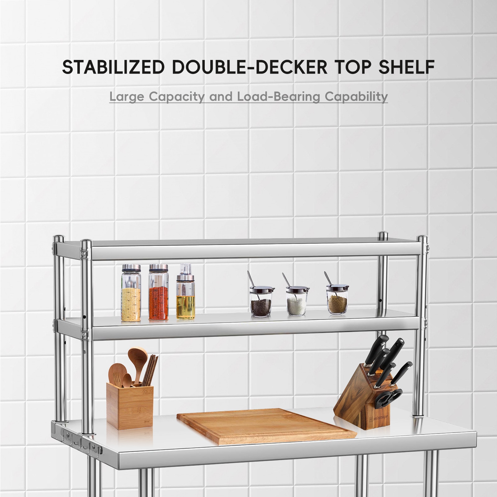 GAOMON 48 x 24 Inch Custom Kitchen Stainless Steel Workbench with Double Tier Organizer Shelf- 160cm Height Heavy Duty Prep Work Table - Image 3