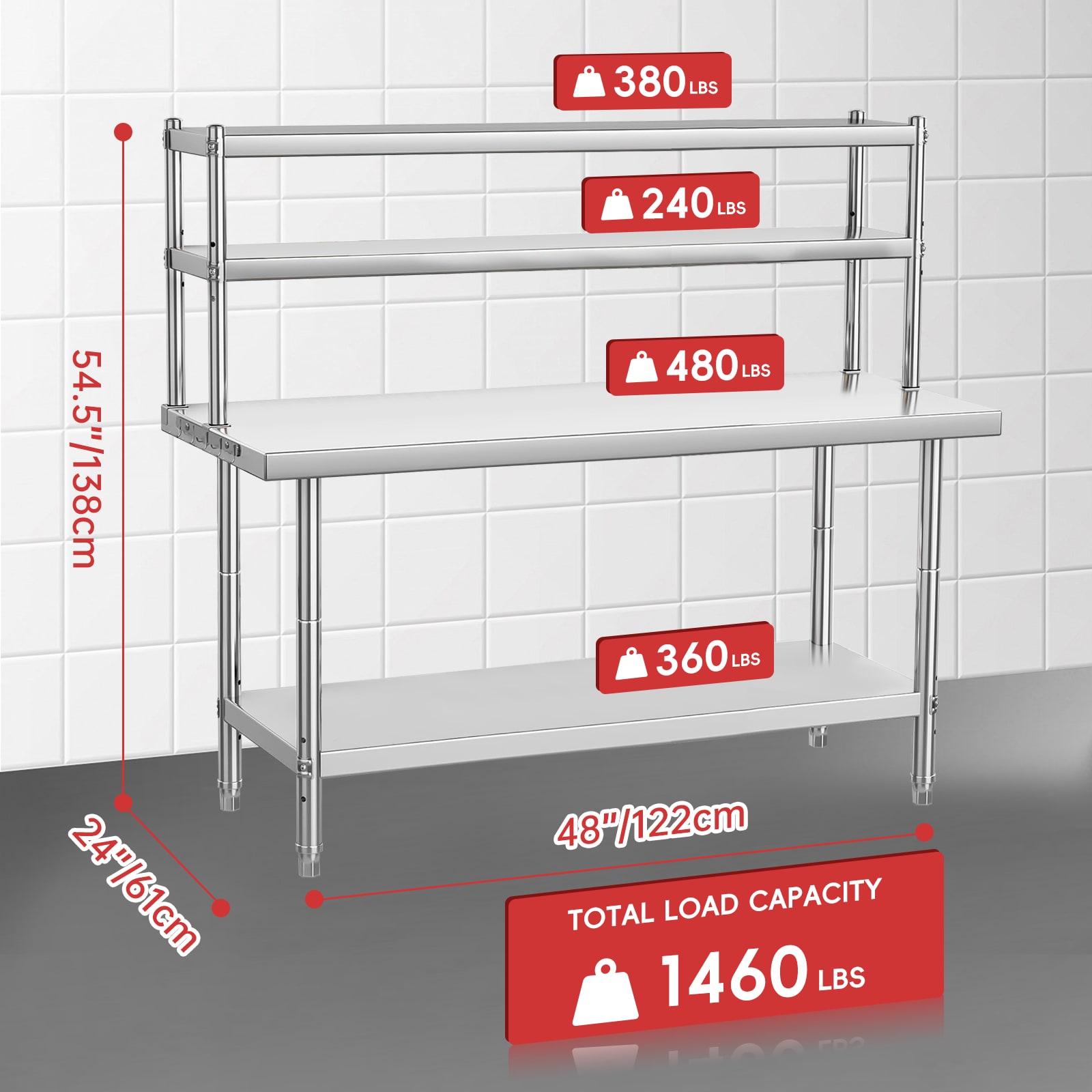 GAOMON 48 x 24 Inch Custom Kitchen Stainless Steel Workbench with Double Tier Organizer Shelf- 160cm Height Heavy Duty Prep Work Table - Image 6