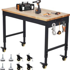 GAOMON Garage Workbench 60 x 22 x 1.2 Inch- Rubber Wood Top Cold Rolled Steel Construction- 9FT ETL Certified Power Strip for Garage Office Use