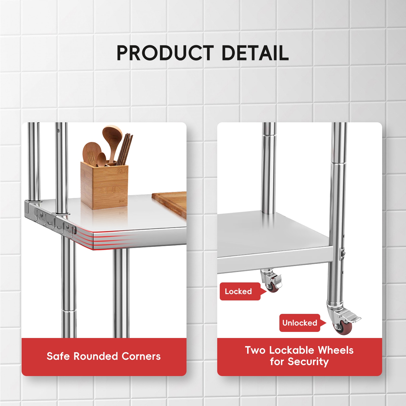 GAOMON 48 x 24 Inch Custom Kitchen Stainless Steel Workbench with Double Tier Organizer Shelf- 160cm Height Heavy Duty Prep Work Table - Image 4