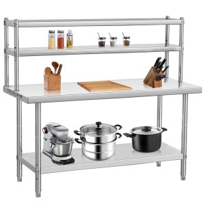 GAOMON 48 x 24 Inch Custom Kitchen Stainless Steel Workbench with Double Tier Organizer Shelf- 160cm Height Heavy Duty Prep Work Table