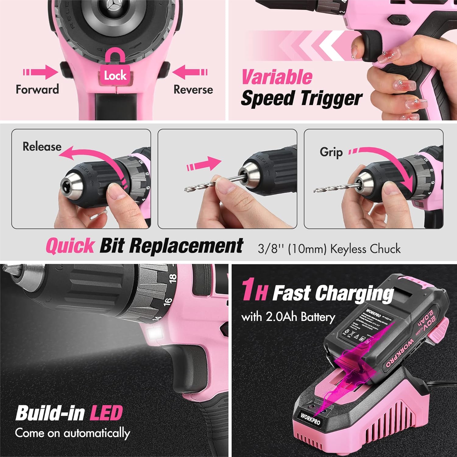 WORKPRO Pink Drill Set with UPGRADED Tool Bag, 157PCS Tool Kit For Home with 20V Cordless Drill Driver, Household Pink Tool Set including Screwdriver, Hammer, Tool Kit for Women and Men - Pink Ribbon - Image 5