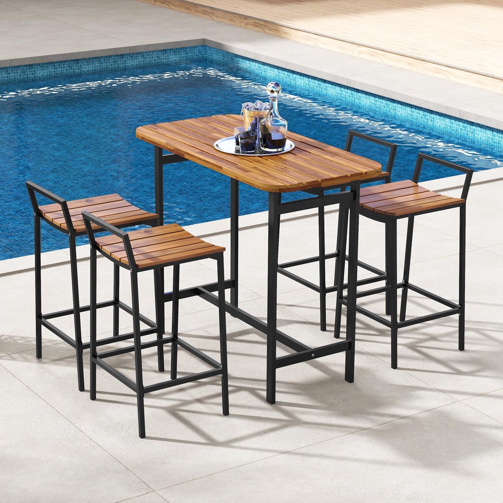 Tangkula 5 Piece Acacia Wood Bar Table Set, Outdoor Bar Height Table & Chairs with Metal Frame & Footrest - Image 3