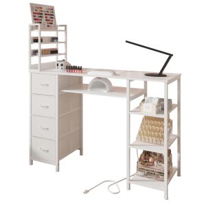 Manicure Table Nail Desk for Nail tech with Drawers & Power Outlet White Nail Beauty Table with Storage and Open Shelves for Home,Workshop,Makeup Beauty Salon Workstation