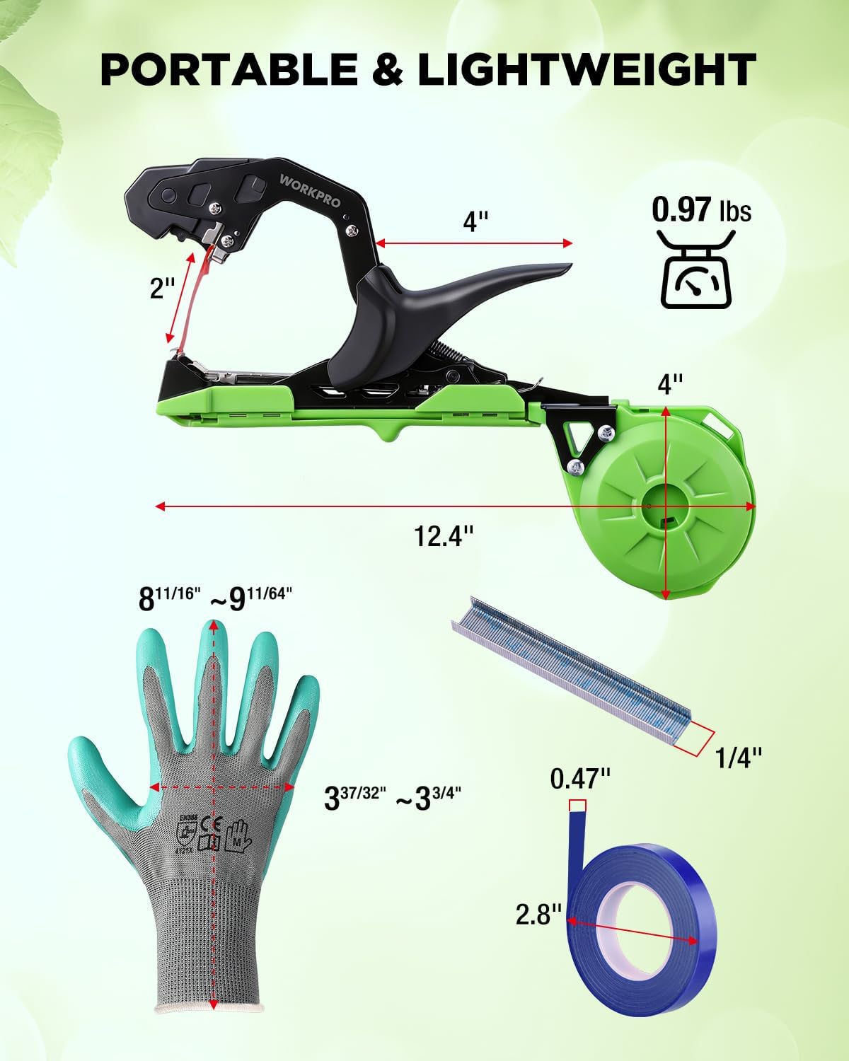WORKPRO Plant Tying Machine, Lightweight Tape Gun for Tying Vines and Support Plants, Includes Gloves, 20 Rolls of Tape, 10,000 Staples, Ideal for Tomatoes, Grapes, Cucumber and Vegetables - Image 3
