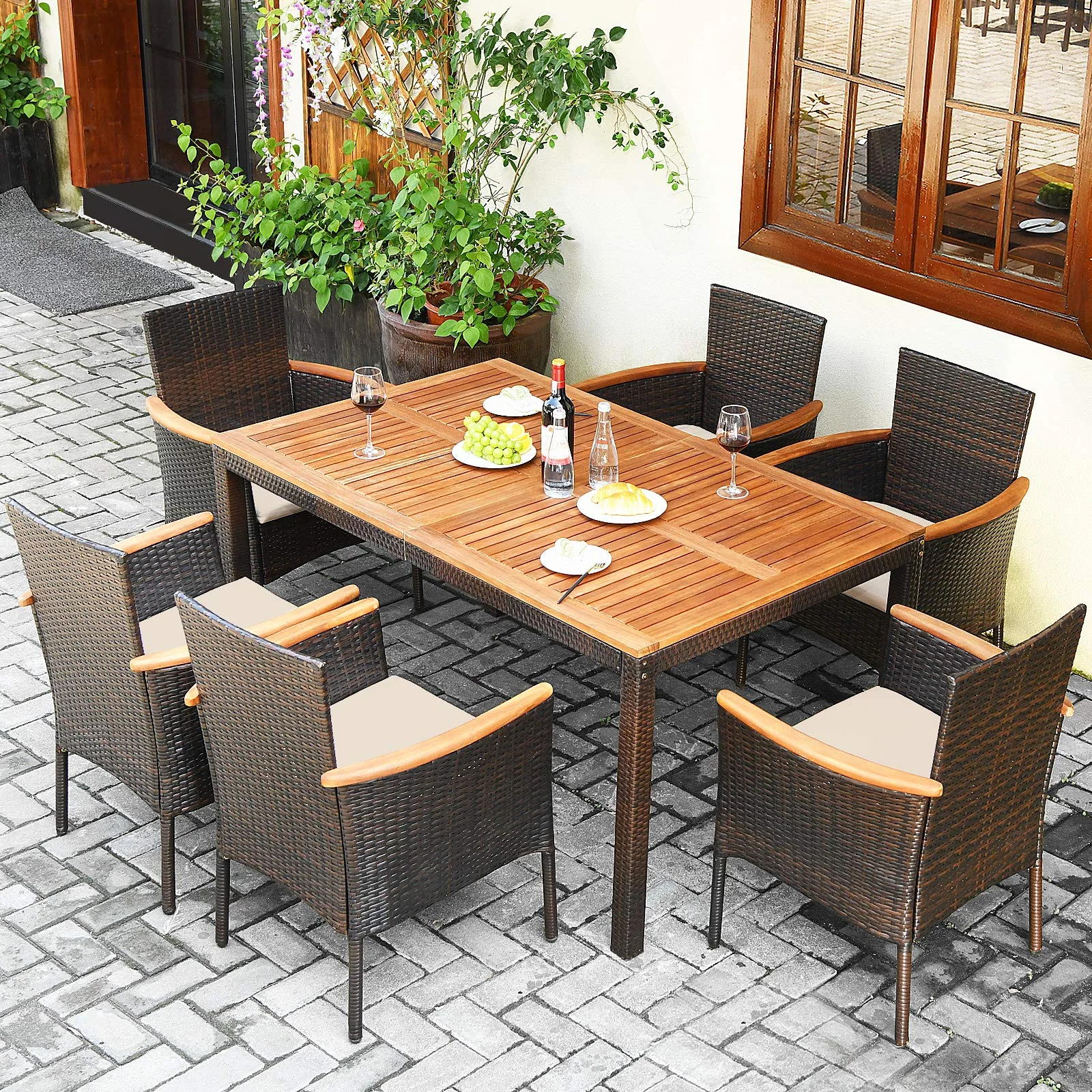 Tangkula 7 Pieces Patio Rattan Dining Set, Outdoor Conversation Set - Image 2