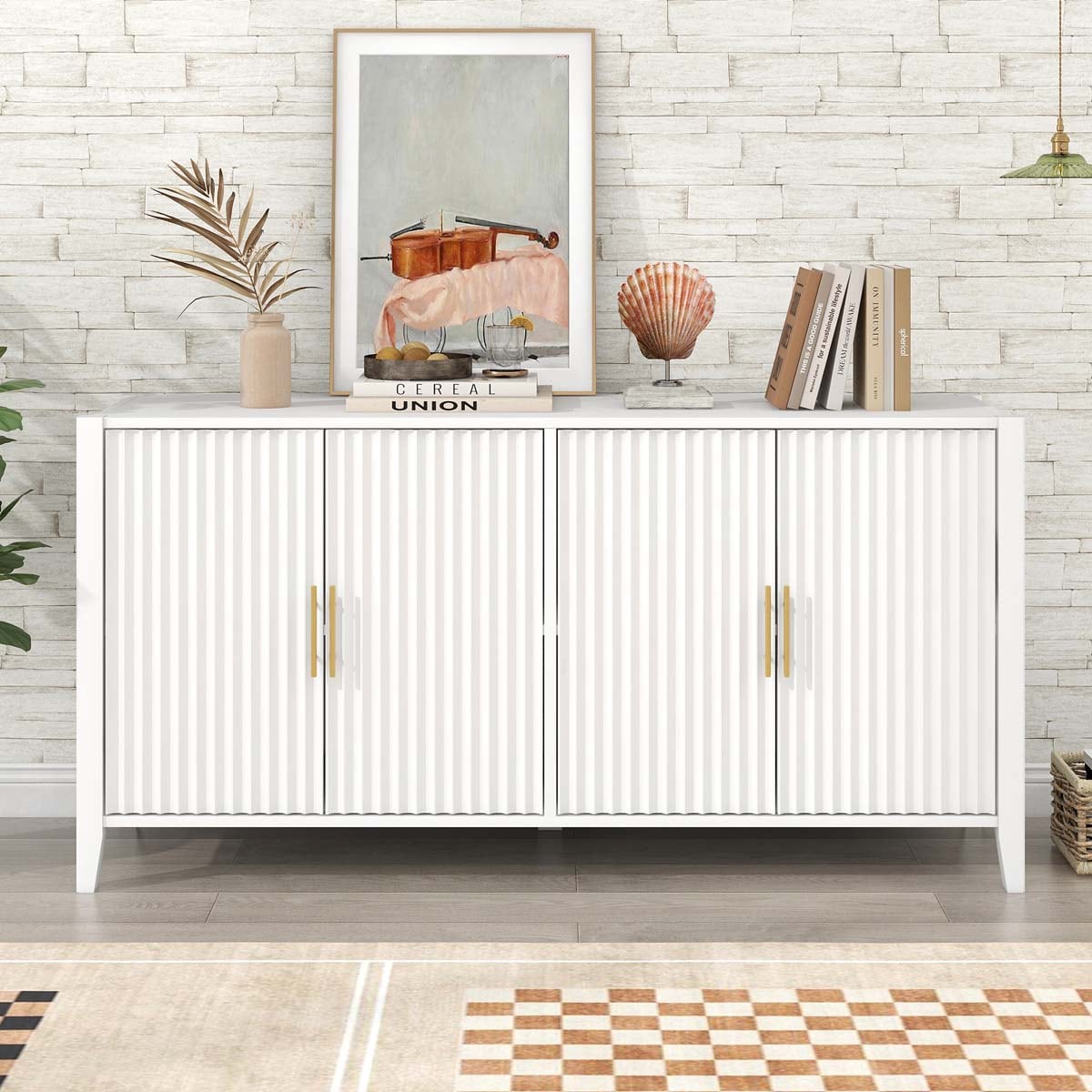 ModernLuxe Assembly Required 61.1inch Modern 4 Vertical Wavy Slatted Doors Sideboard Storage Cabinet With Elegant Design Solid Wood Legs with Painted Metal Handles for Dining Room Living Room Kitchen or Entryway White - Image 2