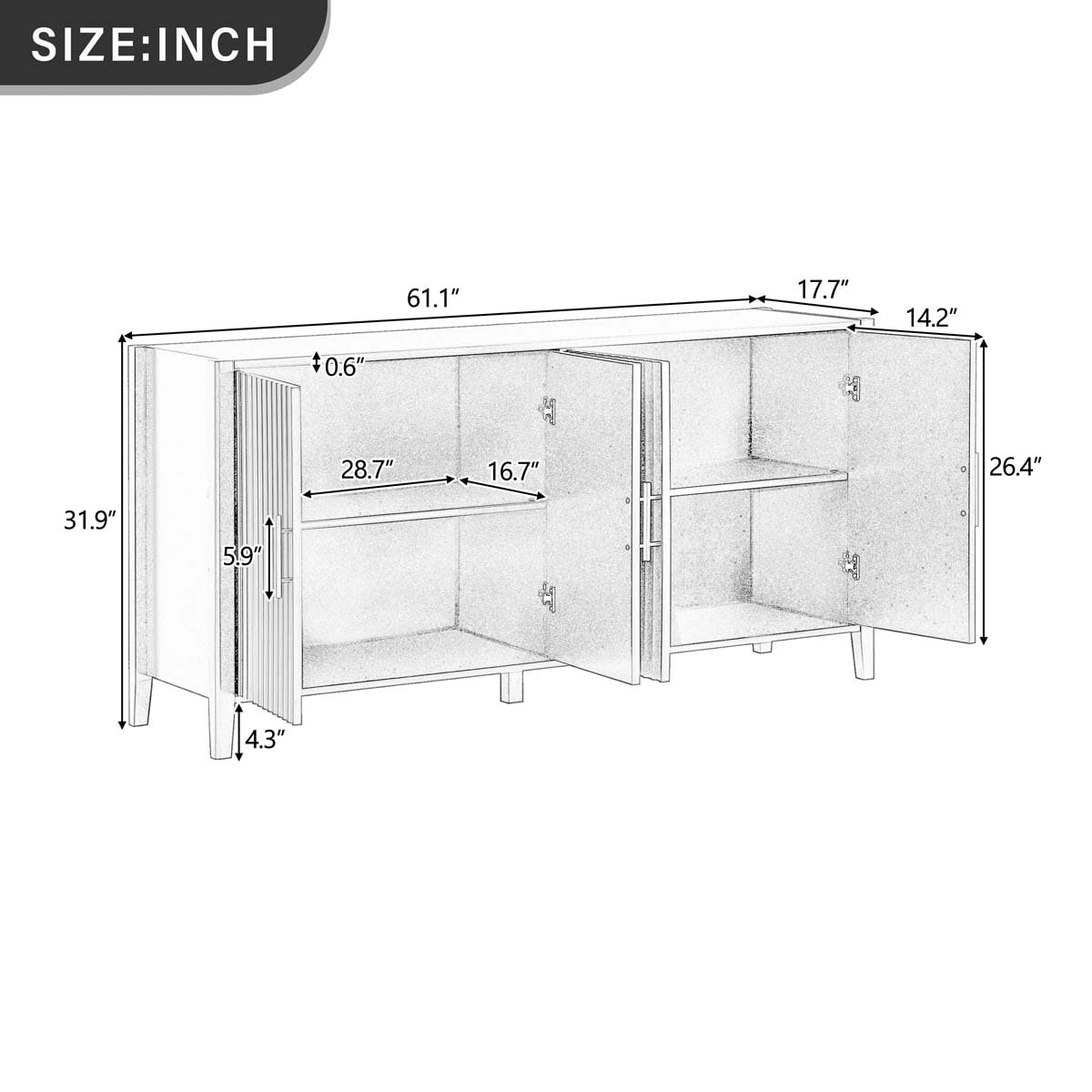 ModernLuxe Assembly Required 61.1inch Modern 4 Vertical Wavy Slatted Doors Sideboard Storage Cabinet With Elegant Design Solid Wood Legs with Painted Metal Handles for Dining Room Living Room Kitchen or Entryway White - Image 8