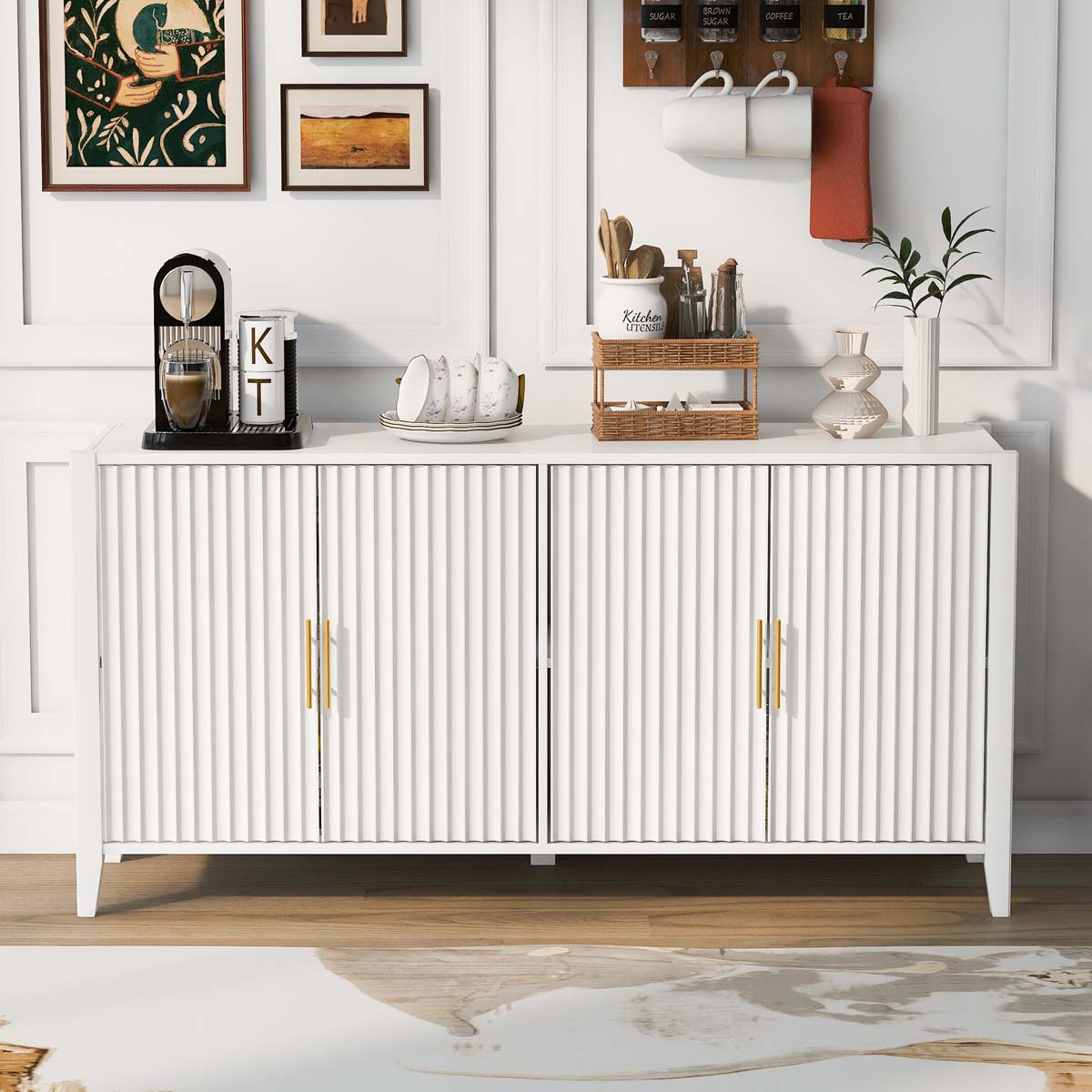 ModernLuxe Assembly Required 61.1inch Modern 4 Vertical Wavy Slatted Doors Sideboard Storage Cabinet With Elegant Design Solid Wood Legs with Painted Metal Handles for Dining Room Living Room Kitchen or Entryway White - Image 20