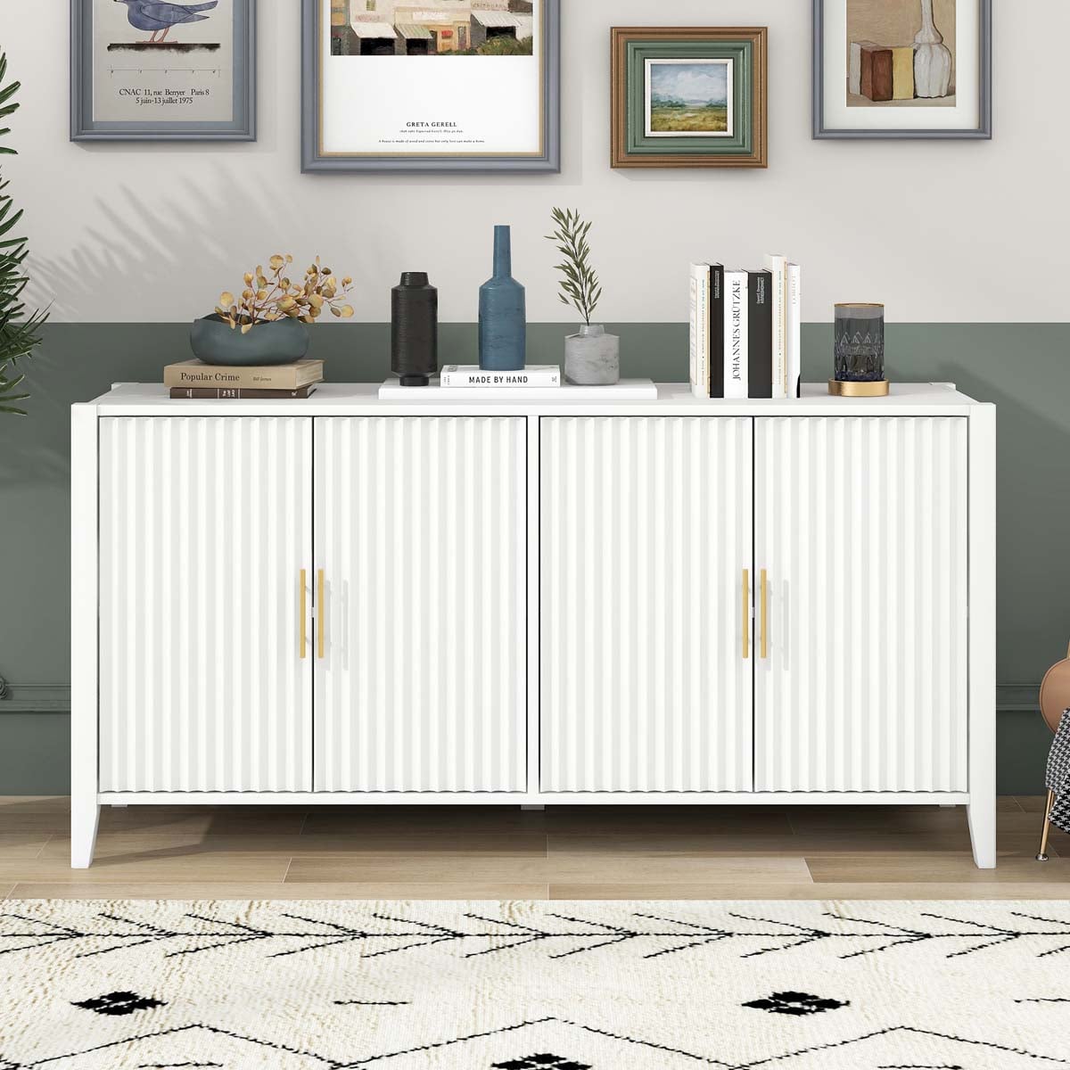 ModernLuxe Assembly Required 61.1inch Modern 4 Vertical Wavy Slatted Doors Sideboard Storage Cabinet With Elegant Design Solid Wood Legs with Painted Metal Handles for Dining Room Living Room Kitchen or Entryway White - Image 18