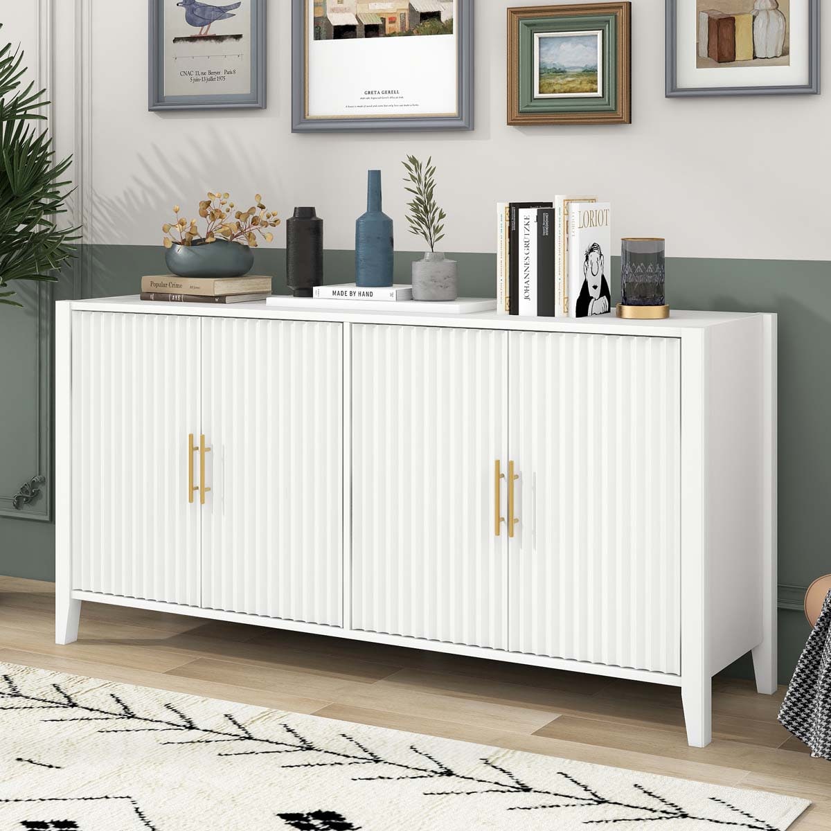 ModernLuxe Assembly Required 61.1inch Modern 4 Vertical Wavy Slatted Doors Sideboard Storage Cabinet With Elegant Design Solid Wood Legs with Painted Metal Handles for Dining Room Living Room Kitchen or Entryway White - Image 19