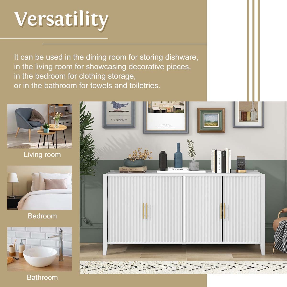 ModernLuxe Assembly Required 61.1inch Modern 4 Vertical Wavy Slatted Doors Sideboard Storage Cabinet With Elegant Design Solid Wood Legs with Painted Metal Handles for Dining Room Living Room Kitchen or Entryway White - Image 4