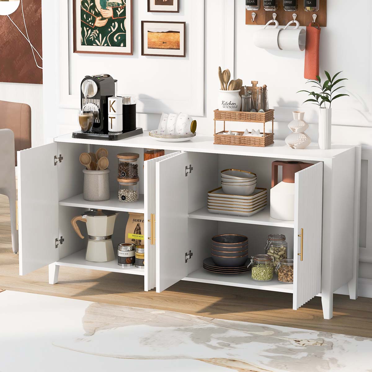 ModernLuxe Assembly Required 61.1inch Modern 4 Vertical Wavy Slatted Doors Sideboard Storage Cabinet With Elegant Design Solid Wood Legs with Painted Metal Handles for Dining Room Living Room Kitchen or Entryway White - Image 3