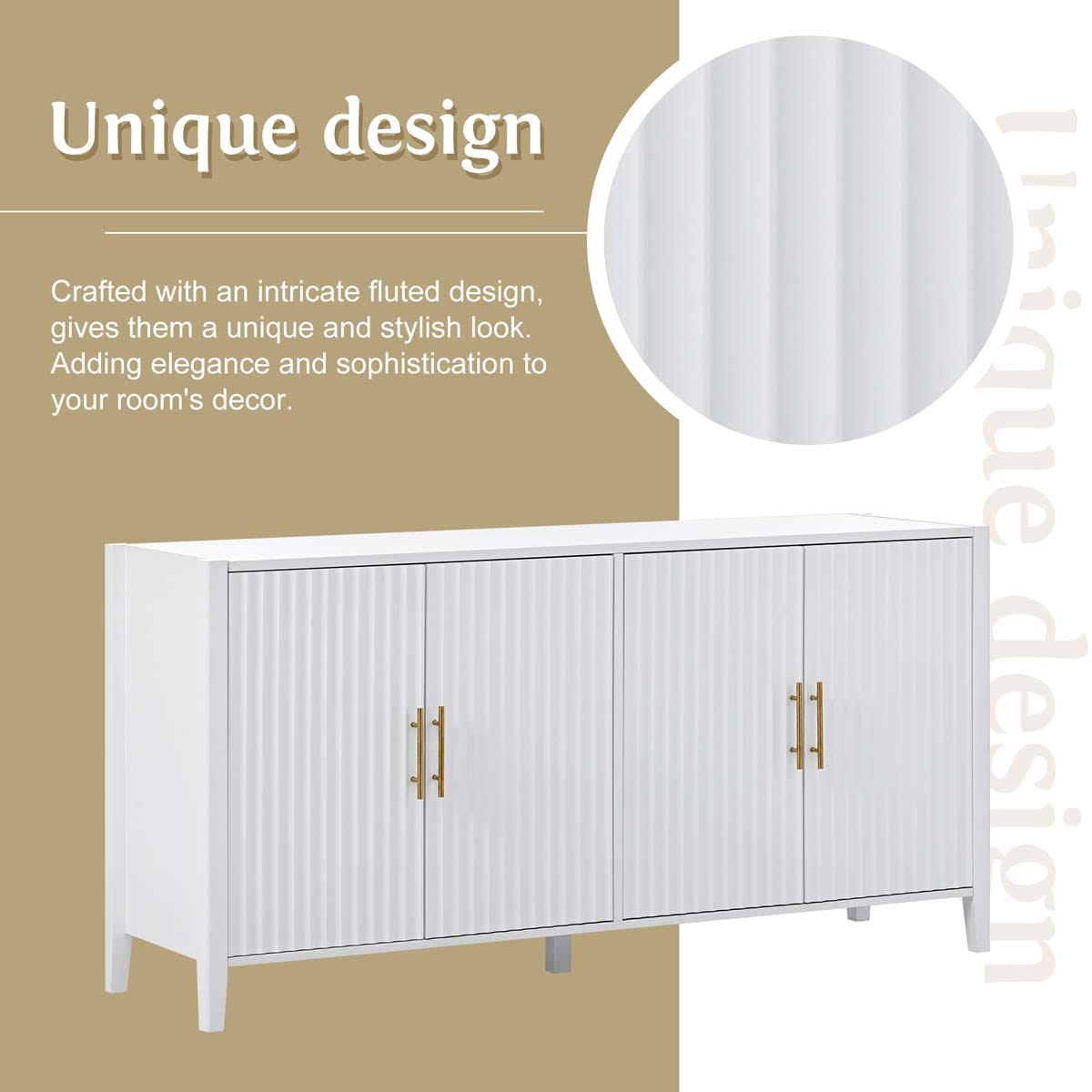 ModernLuxe Assembly Required 61.1inch Modern 4 Vertical Wavy Slatted Doors Sideboard Storage Cabinet With Elegant Design Solid Wood Legs with Painted Metal Handles for Dining Room Living Room Kitchen or Entryway White - Image 5