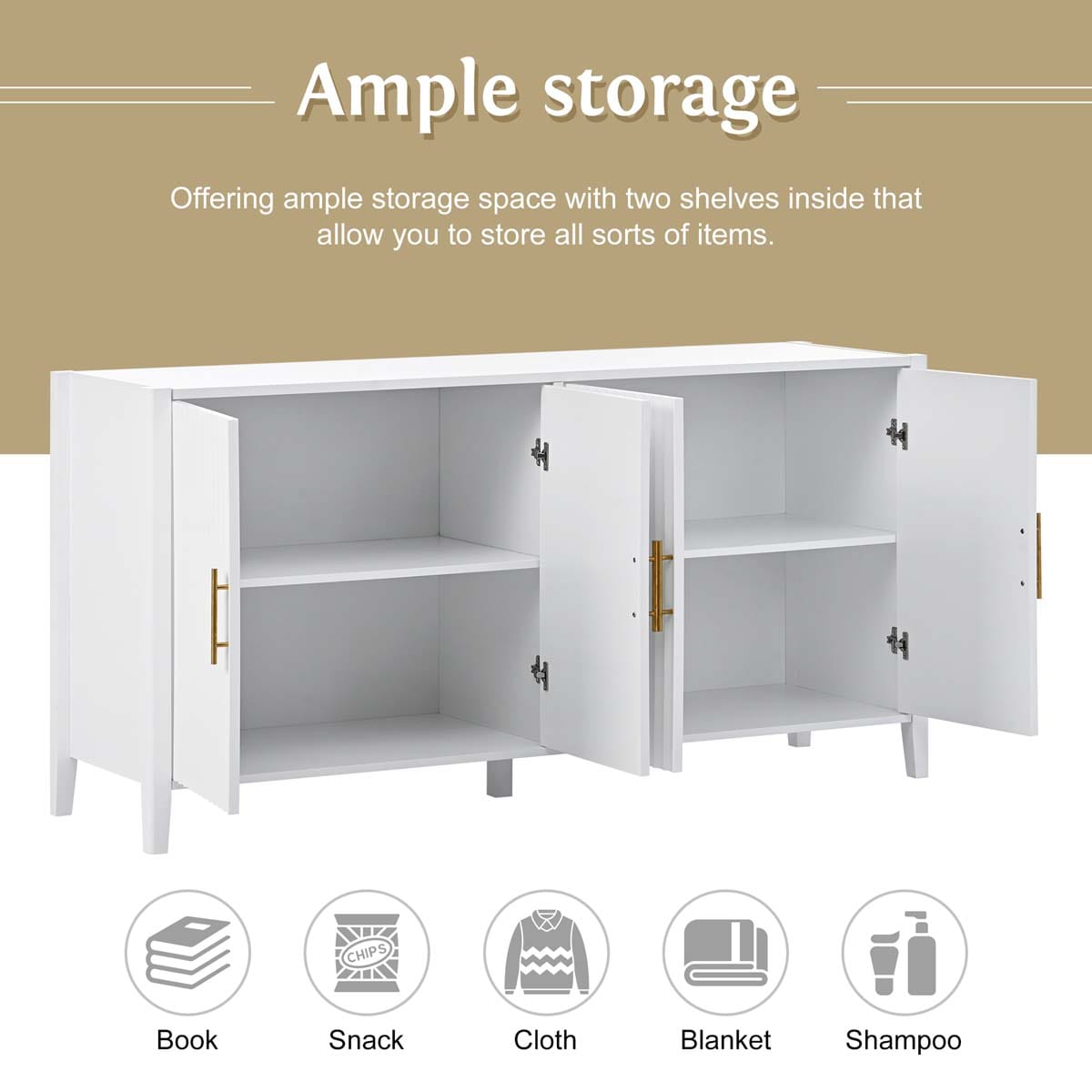 ModernLuxe Assembly Required 61.1inch Modern 4 Vertical Wavy Slatted Doors Sideboard Storage Cabinet With Elegant Design Solid Wood Legs with Painted Metal Handles for Dining Room Living Room Kitchen or Entryway White - Image 6
