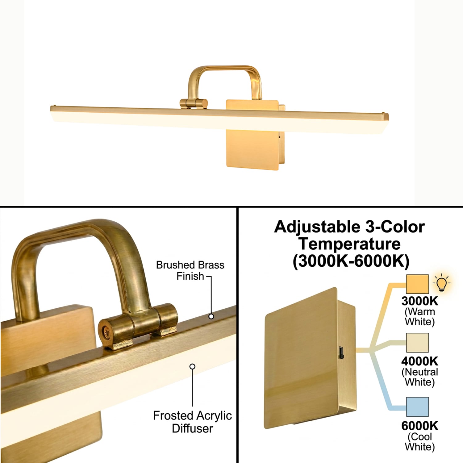 Zicbol 31.5-in 1 Light Brushed Gold Integrated LED Modern/contemporary Bathroom Vanity light bar - Image 6