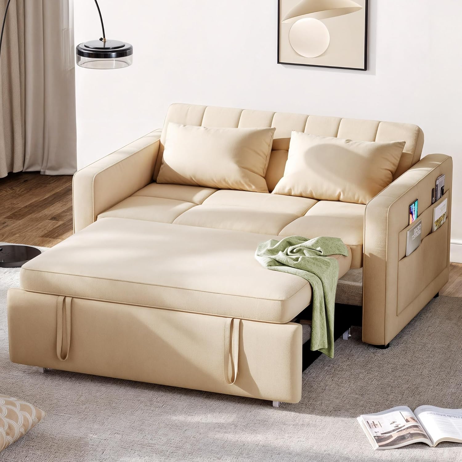 DWVO 3-in-1 Convertible Sofa Bed, 55" Sleeper Sofa with Pull-Out Bed, Cat-Scratch-Proof Fabric Futon Couch with Adjustable Backrest and Side Pocket, Loveseat for Living Room Apartment, Grey - Image 18