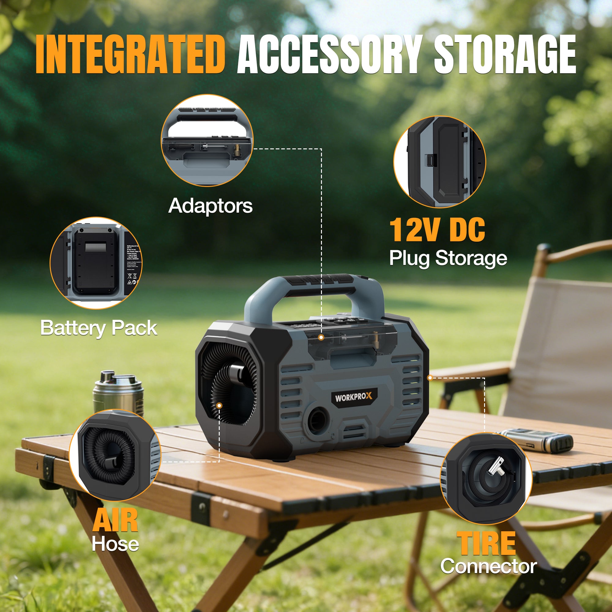 WORKPROX Tire Inflator Portable Air Compressor 150PSI – 12V DC & 20V Battery Car Air Pump, 2 Modes, Auto Shut-Off, Digital Gauge & LED Light, for Car, Bike, Ball & Air Mattress - Image 6