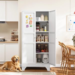White Metal Pantry Storage Cabinet Tall Storage Cabinet Kitchen Pantry 75" Freestanding Cupboard for Kitchen Kitchen Pantry Storage Cabinet White Pantry Cabinet with Doors & 4 Adjustable Shelves