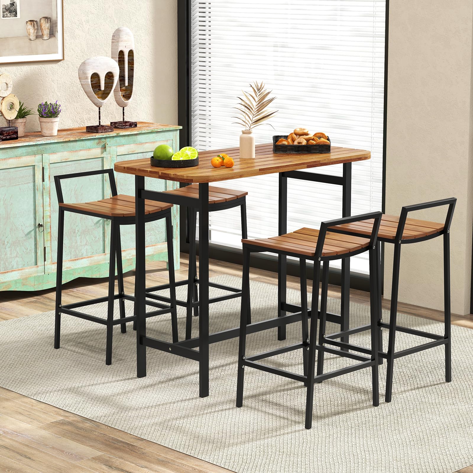 Tangkula 5 Piece Acacia Wood Bar Table Set, Outdoor Bar Height Table & Chairs with Metal Frame & Footrest - Image 4