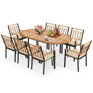 Tangkula 9 Pieces Outdoor Dining Set, Patio Furniture Set with Acacia Wood Top & Umbrella Hole, Metal Frame