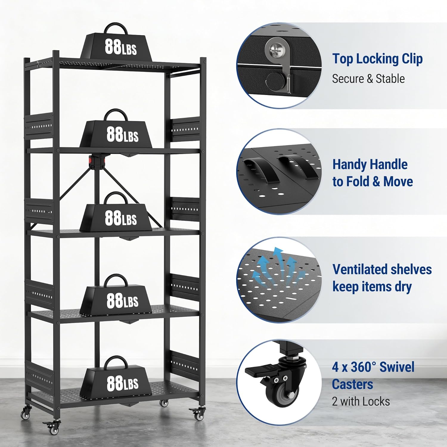 WORKPRO 5-Tier Folding Shelf, No-Assembly Metal Storage Rack with Wheels, 750 lbs Capacity (with Leveling Feet), Collapsible Shelving Unit for Kitchen, Pantry, Bathroom & Closet Organization - Image 8