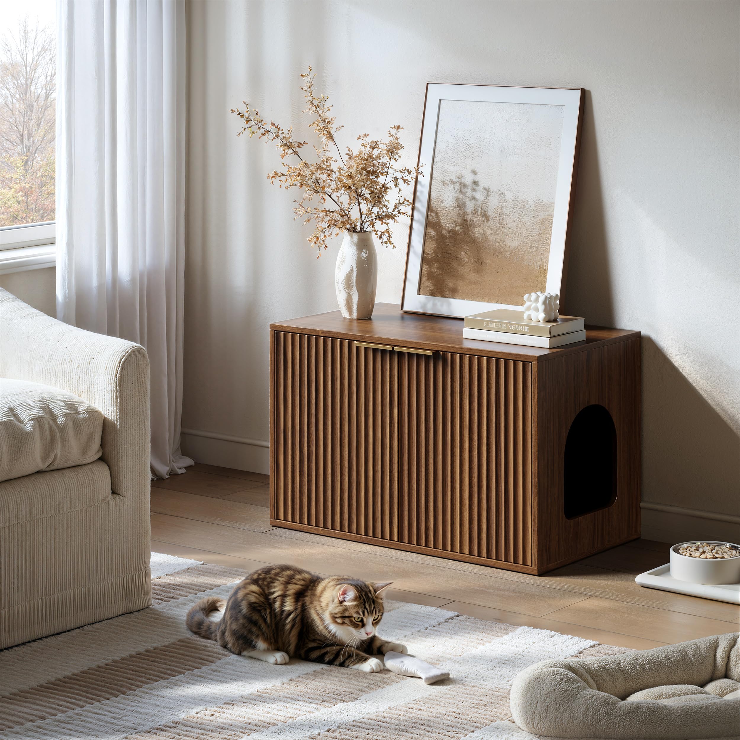 Evermagin 31.5" Cat Litter Box Enclosure Furniture Walnut Hidden Litter Box Cabinet, Modern Indoor Cat House, Fluted Kitty End Table for Living Room, Bedroom, Entryway - Image 4