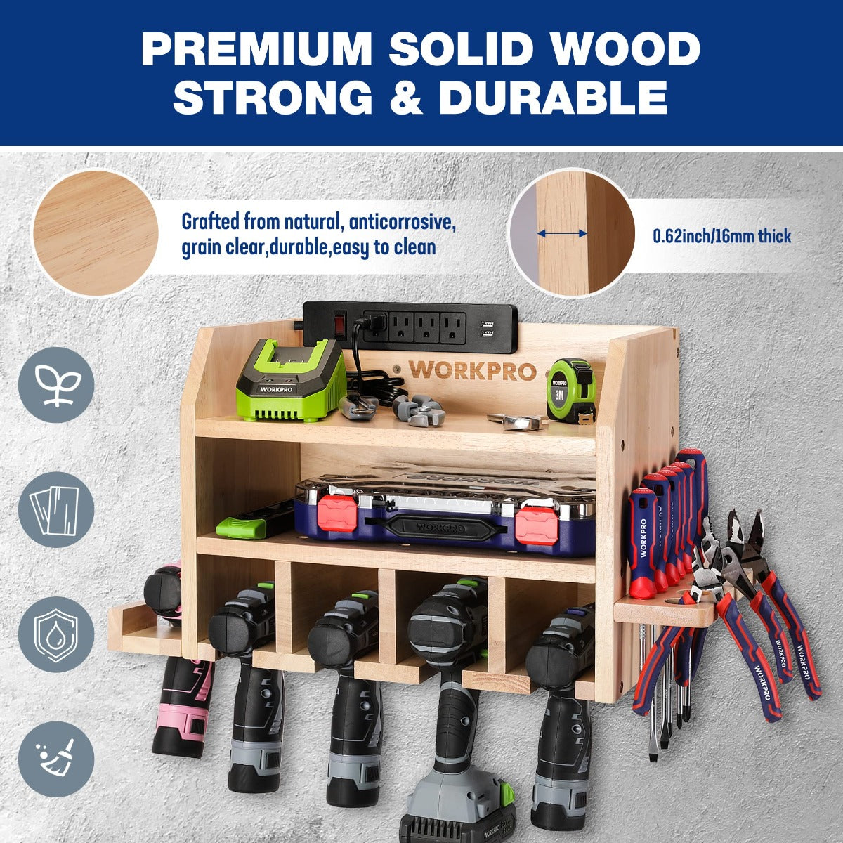WORKPRO Power Tool Organizer, Cordless Drill Holder Storage Wall Mount with 5 Drill Hanging Slots, Solid Wooden Tool Storage - Image 4