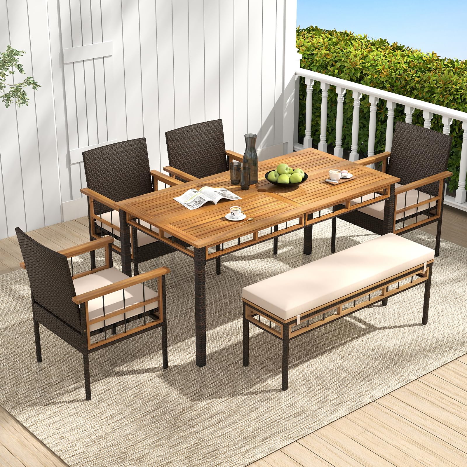 Tangkula 6 Pieces Patio Dining Table Set with 1.97” Umbrella Hole & Cushioned Backless Bench & 4 Armchairs - Image 2