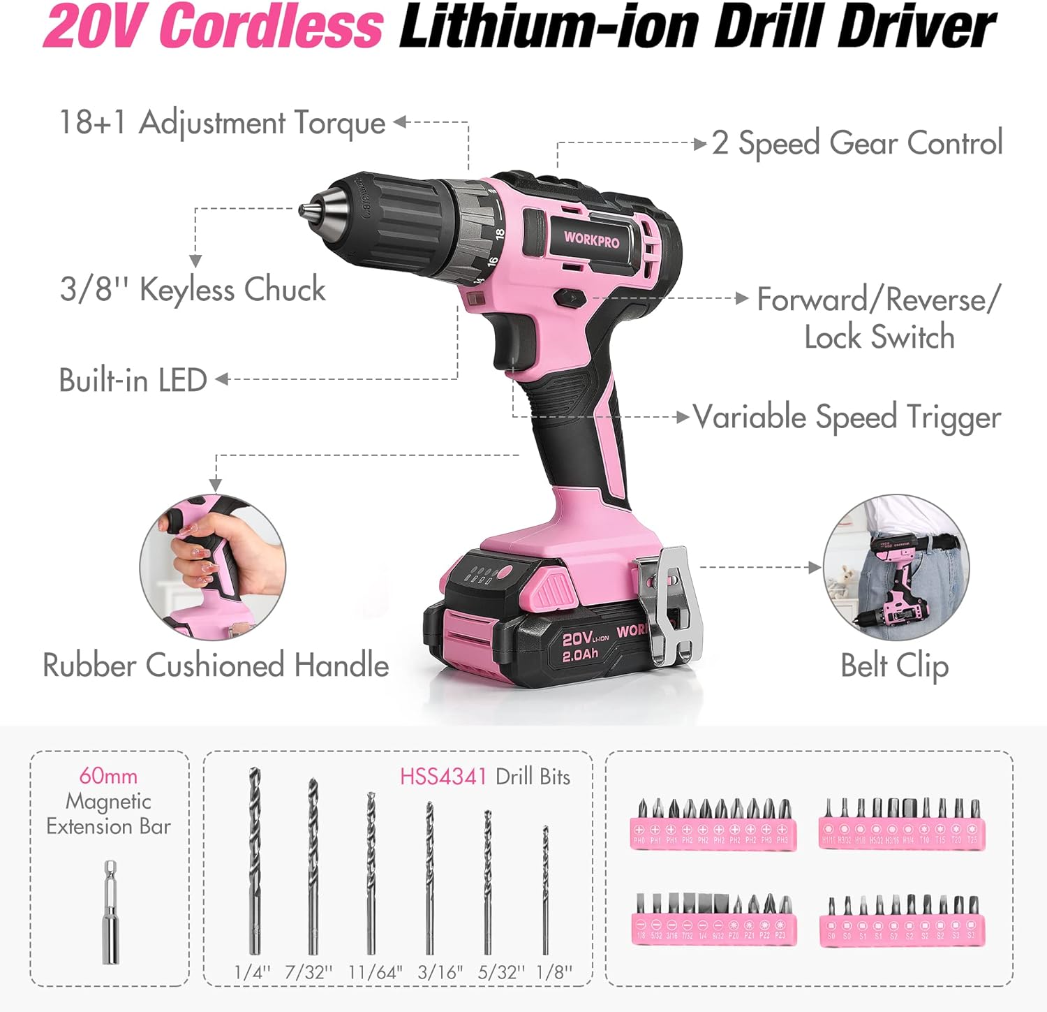WORKPRO Pink Drill Set with UPGRADED Tool Bag, 157PCS Tool Kit For Home with 20V Cordless Drill Driver, Household Pink Tool Set including Screwdriver, Hammer, Tool Kit for Women and Men - Pink Ribbon - Image 4