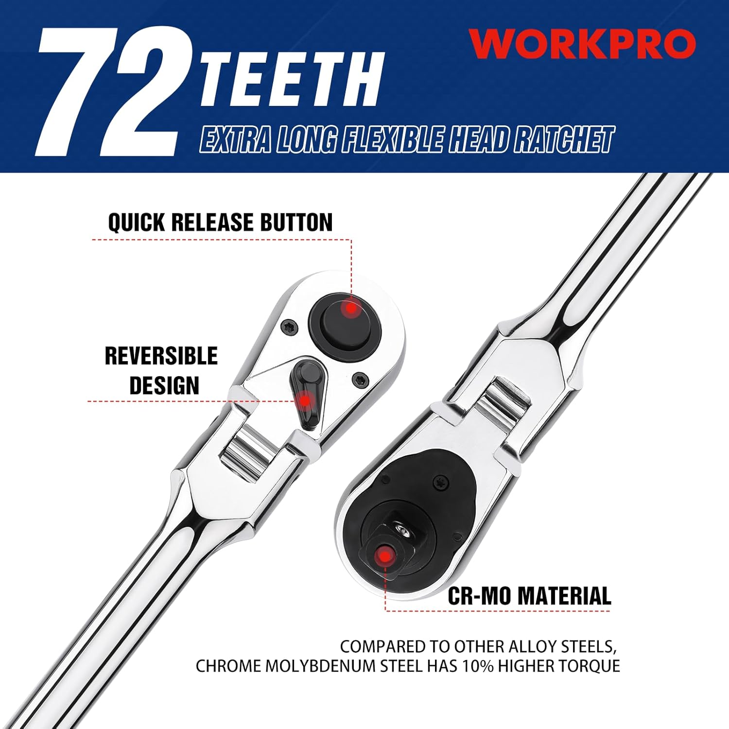 WORKPRO 1/2 inch Drive Extra Long Flex Head Ratchet, 24 Inch Long CR-V Steel Ratchet Handle with Chromium Plating, CR-MO Head, Quick Release Reversible Design, 72-Tooth - Image 3