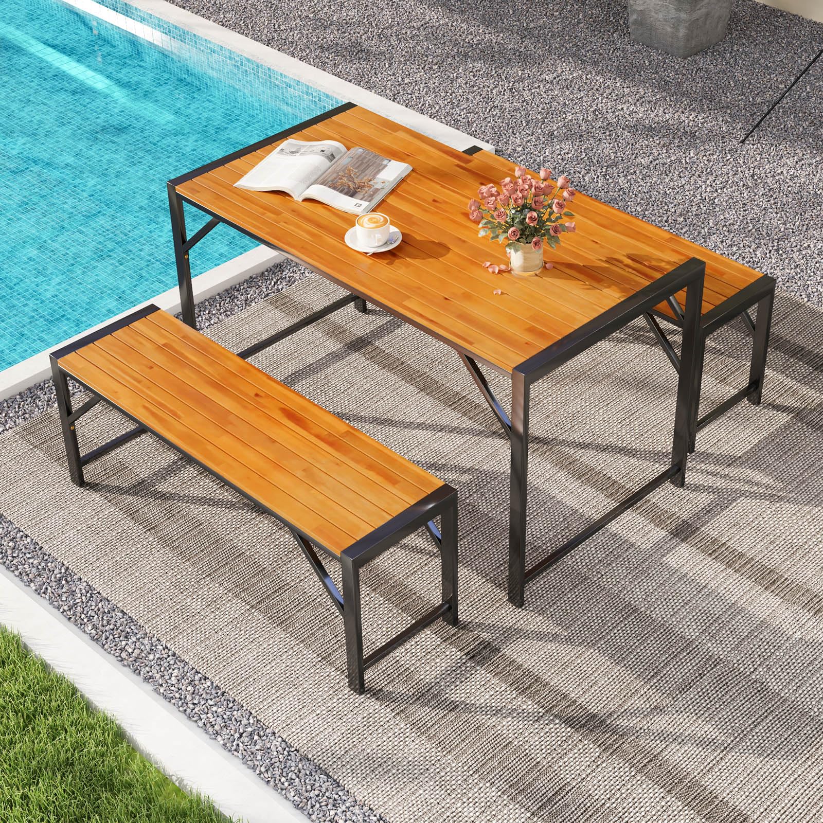 Tangkula 3 Pieces Patio Dining Set for 6 People, Outdoor Picnic Table & 2 Benches, 53” Acacia Wood Dining Table - Image 2