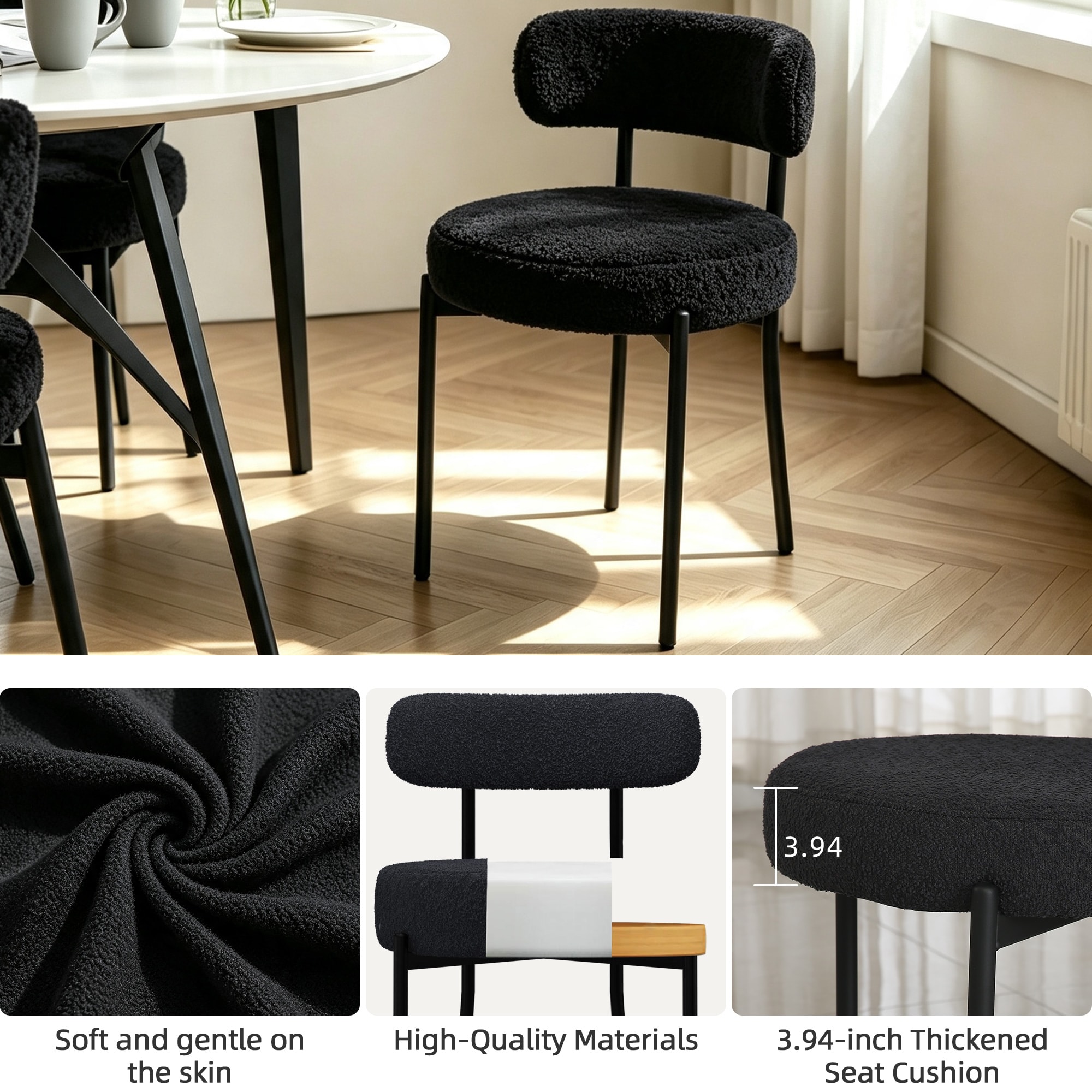 DYHOME Kitchen Chairs Modern Dining Chairs Set of 2 Kitchen Dining Room Chairs Boucle Upholstered Dining Chair Black - Image 6