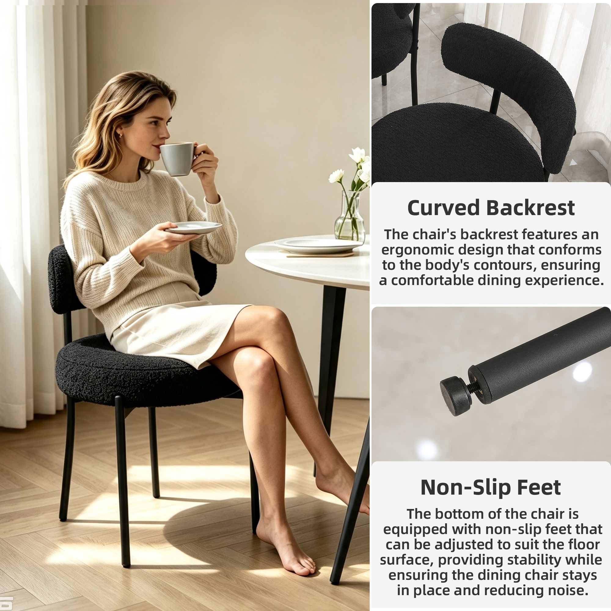 DYHOME Kitchen Chairs Modern Dining Chairs Set of 2 Kitchen Dining Room Chairs Boucle Upholstered Dining Chair Black - Image 3
